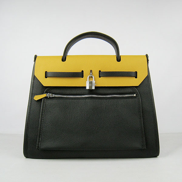 7A Replica Hermes Black/Yellow Kelly 32cm Togo Leather Bag 60667